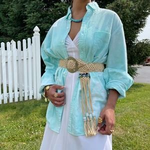 Upcycled J.Crew Pastel Blue Tie Dye Cotton Collared Button Down Shirt L